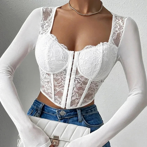 Asymmetrical Hem Crop Bustier Lace Top - Picture 4 of 7